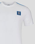 White men's classic cotton T shirt with blue piping along the shoulder and a small blue crest patch on the chest