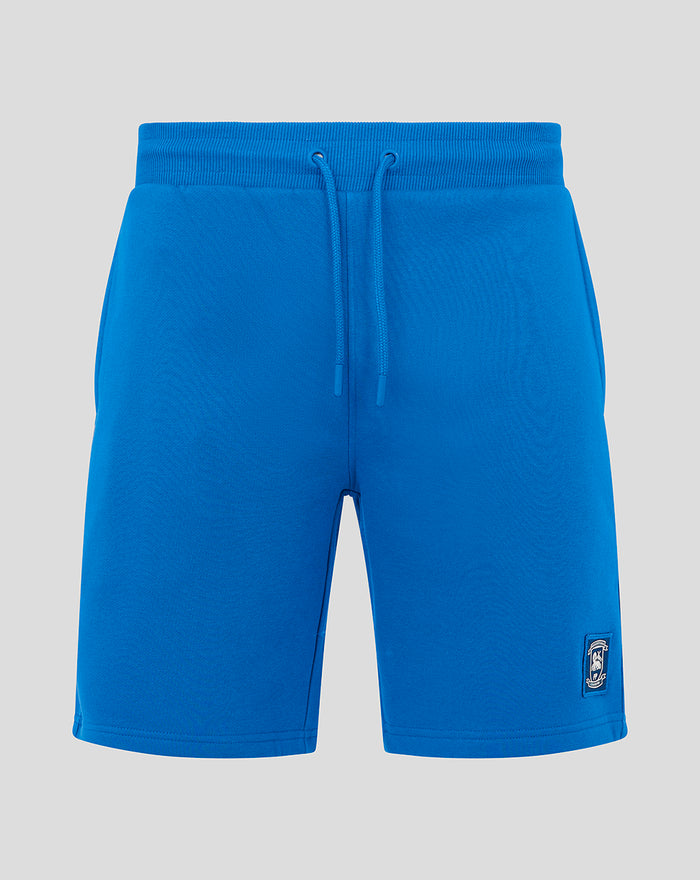 Blue men's classic shorts with a drawstring waistband and a small crest patch on the left leg