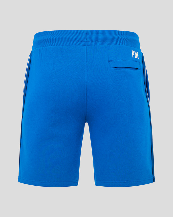 Back view of blue men's classic shorts with an elastic waistband and PNE branding on the right hip