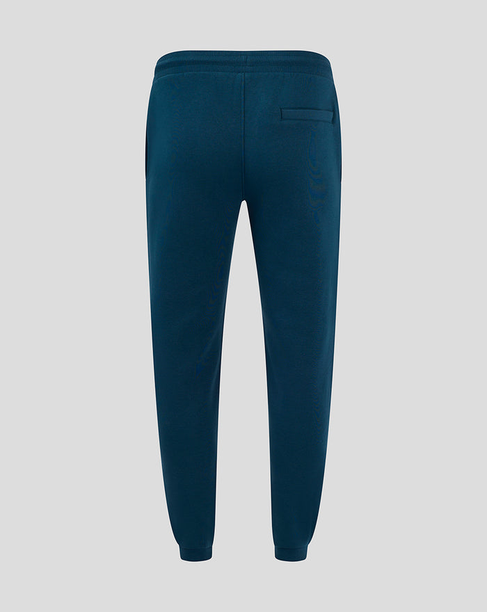 Rear view of dark blue joggers with elastic waistband and back pocket