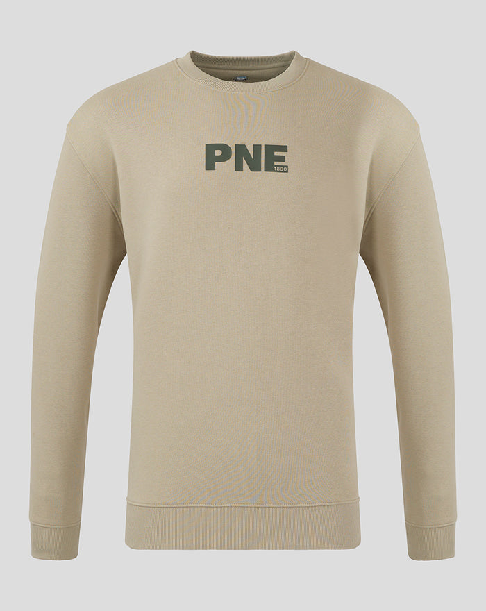 Stone colored men's contemporary sweatshirt with dark green PNF 1880 logo on the chest