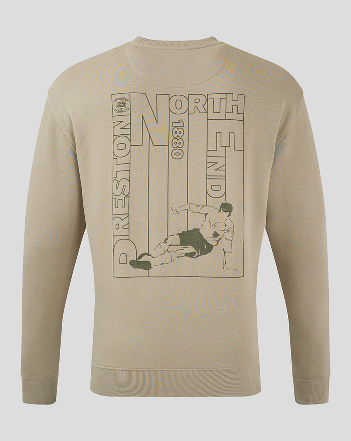 Back view of the stone sweatshirt featuring a large outlined graphic with NORTH END 1880 and a soccer player