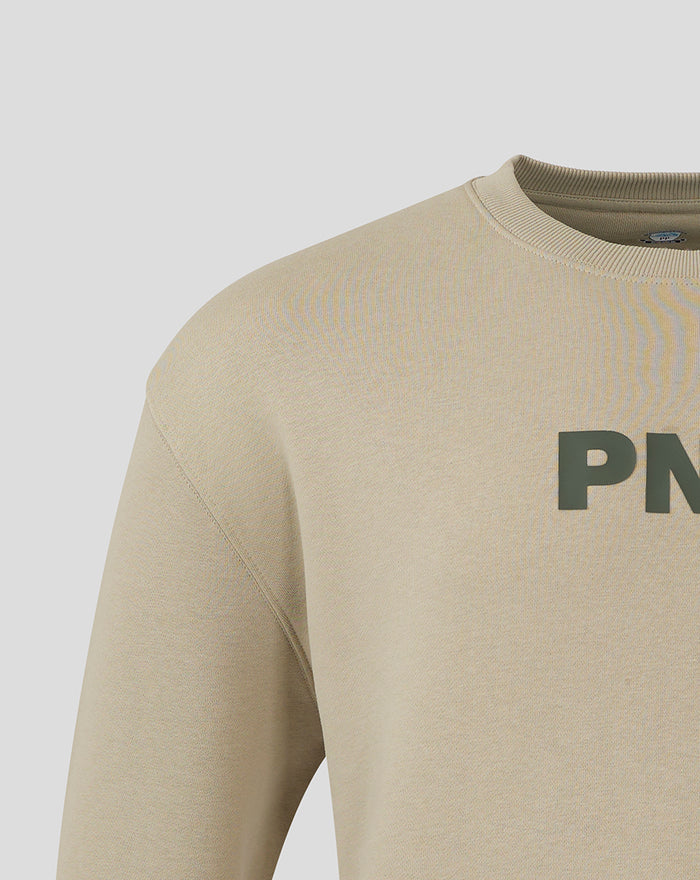 Close up of the beige sweatshirt showing ribbed crew neck and partial front print