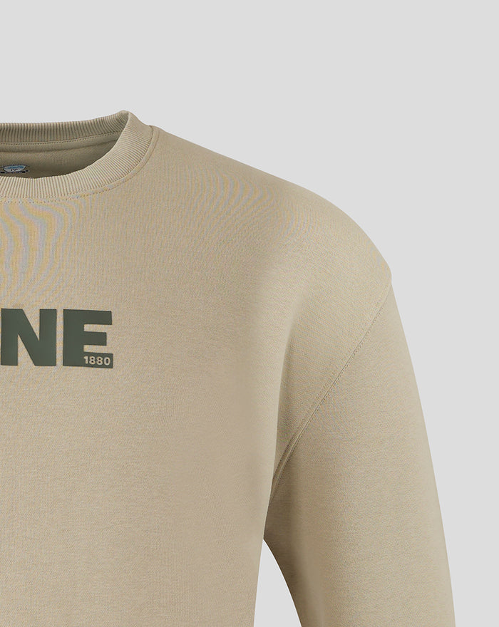 Stone colored men's sweatshirt close-up at the chest and neckline with large ONE 1880 graphic.
