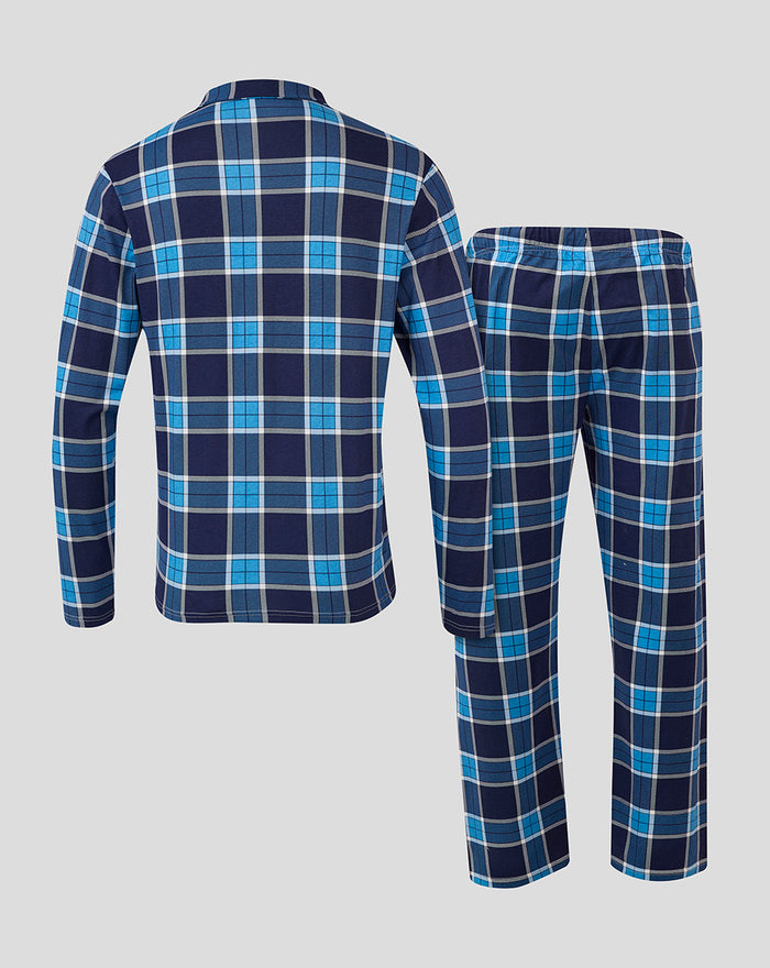 Back view of a navy blue and light blue plaid men's long pajama set