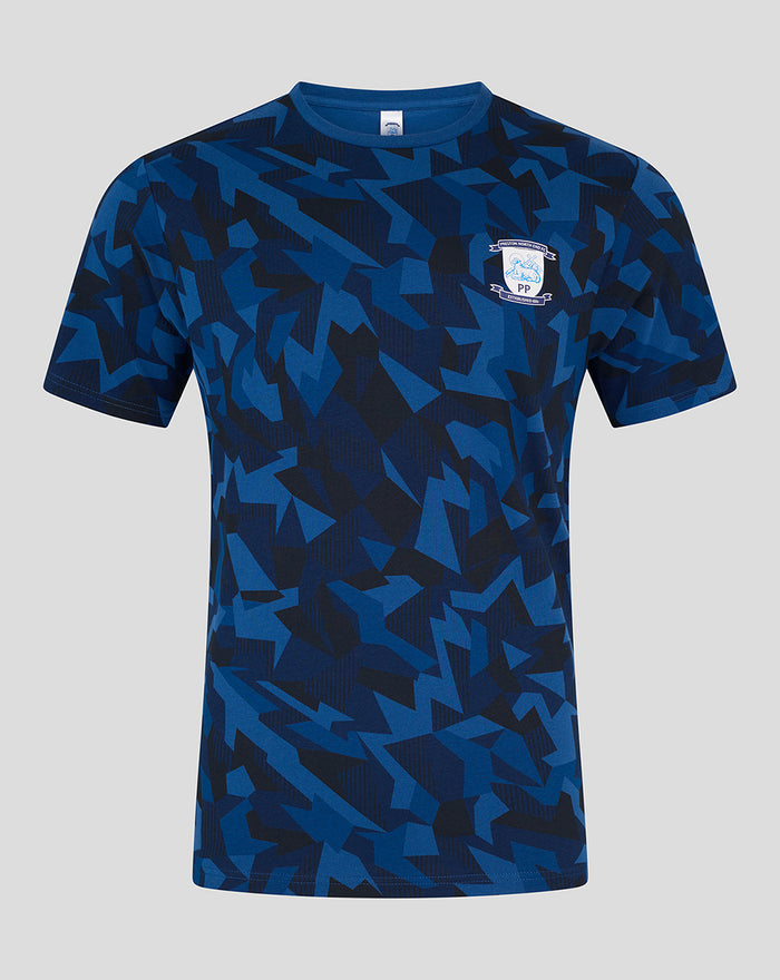 Front view of a blue camouflage pattern men's short sleeve pajama top with crest emblem