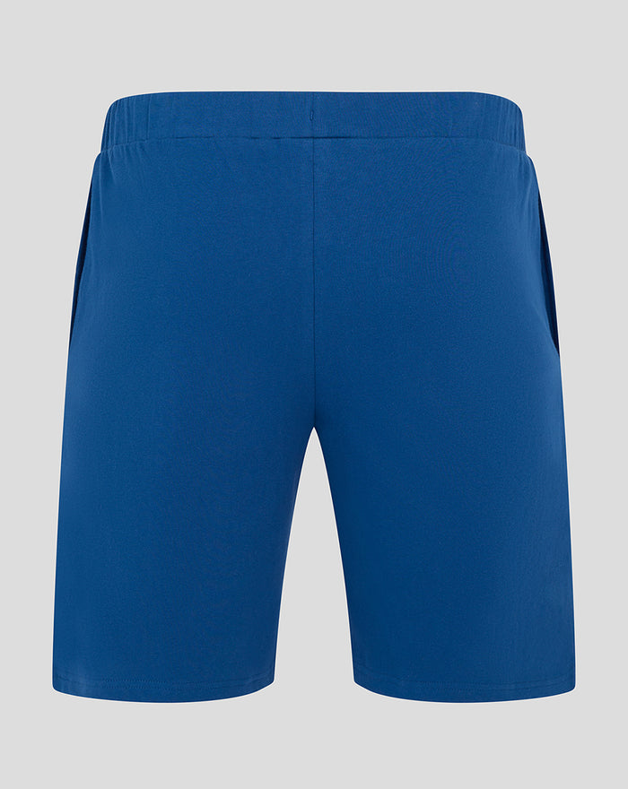 Blue men's short pajama shorts with elastic waistband back view