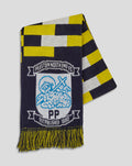 Close up of club matchday scarf showing yellow navy check pattern and crest embroidery along edge