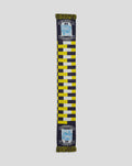 Long club matchday scarf in navy yellow and white check with crest emblem and fringed ends