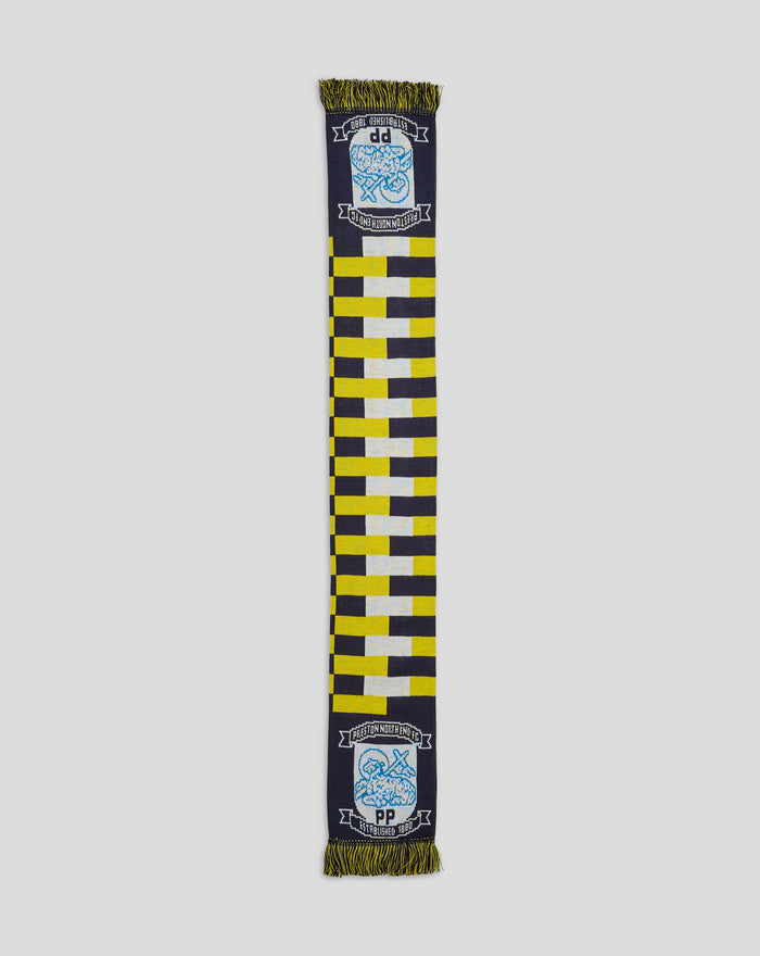 Long club matchday scarf in navy yellow and white check with crest emblem and fringed ends