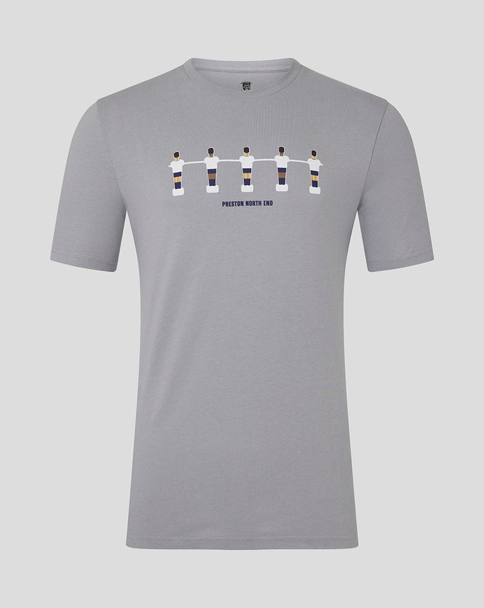 Light grey junior table football tee with foosball players graphic and Preston North End text