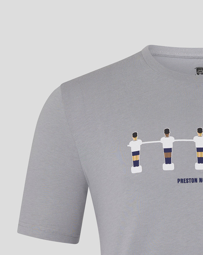 Front view of light gray unisex table football tee with a line of player silhouettes across the chest.
