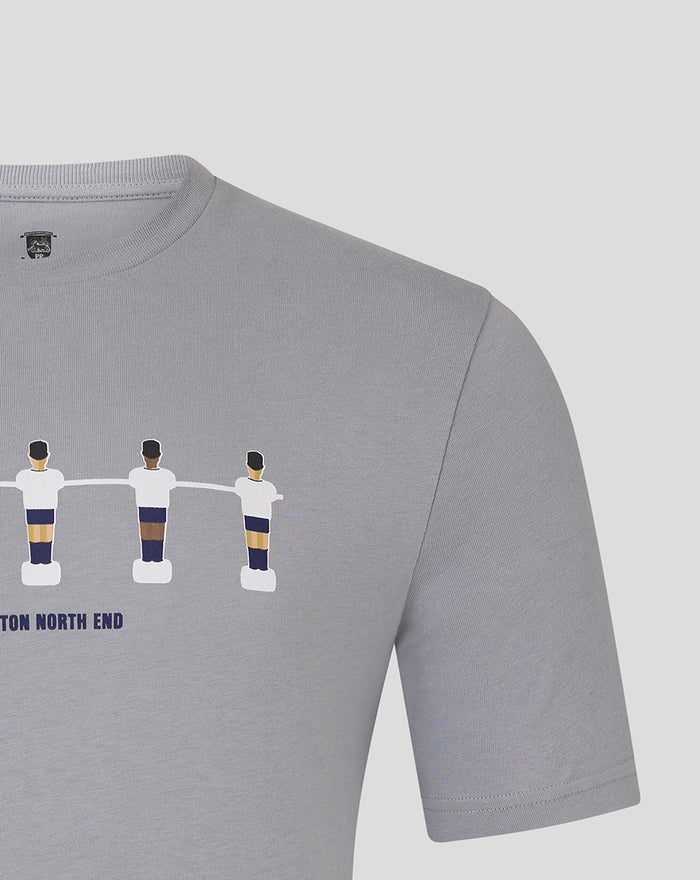 Close-up of light gray junior table football tee showing the foosball figures graphic on the chest
