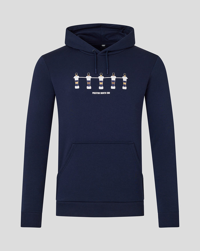 Front view of navy unisex table football hoodie with hood and row of players graphic across the chest.