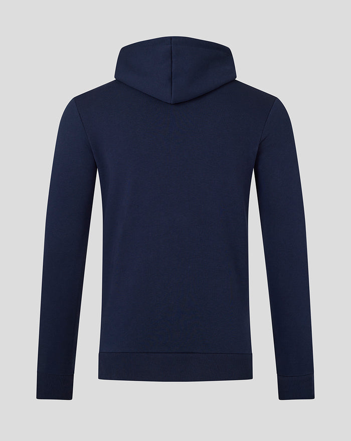 Back view of a navy unisex table football hoodie with a plain design and hood