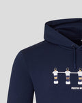 Close-up of navy table football hoodie showing the chest graphic and hood details.