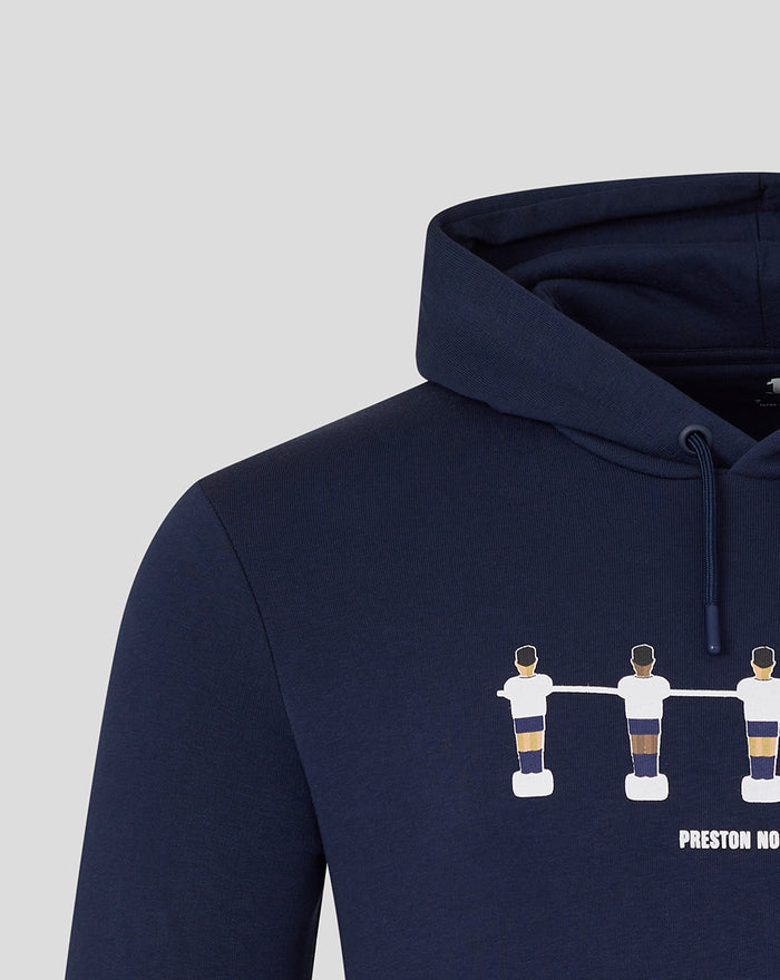 Close-up of navy table football hoodie showing the chest graphic and hood details.