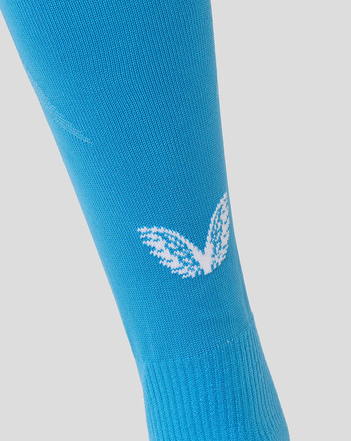 Close-up of blue goalkeeper sock with a white wing logo on the calf area.