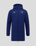Front view of blue Junior 25/26 Training Padded Jacket with hood showing Castore logo and club crest.