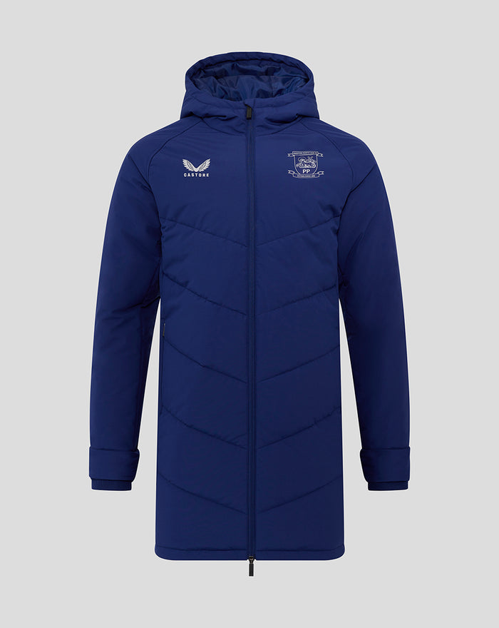 Front view of blue Junior 25/26 Training Padded Jacket with hood showing Castore logo and club crest.