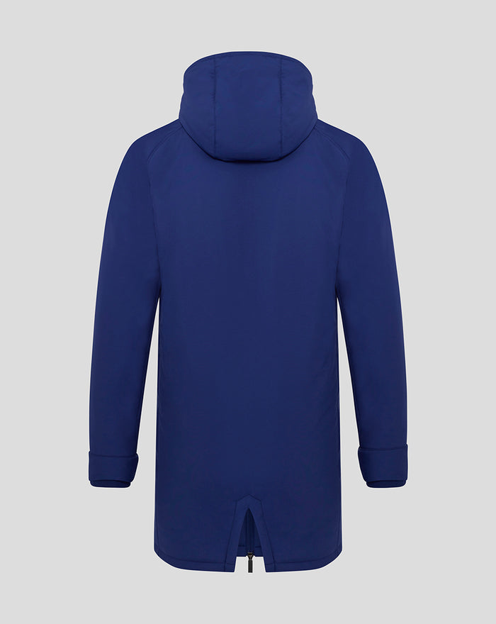 Back view of blue Junior 25/26 Training Padded Jacket with hood and center hem vent.