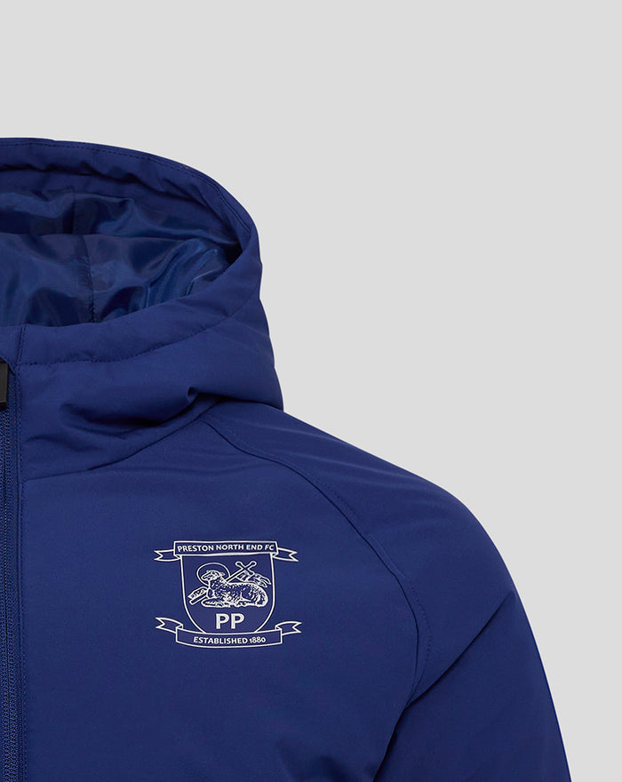 Blue padded jacket left chest displays the Preston North End FC crest.