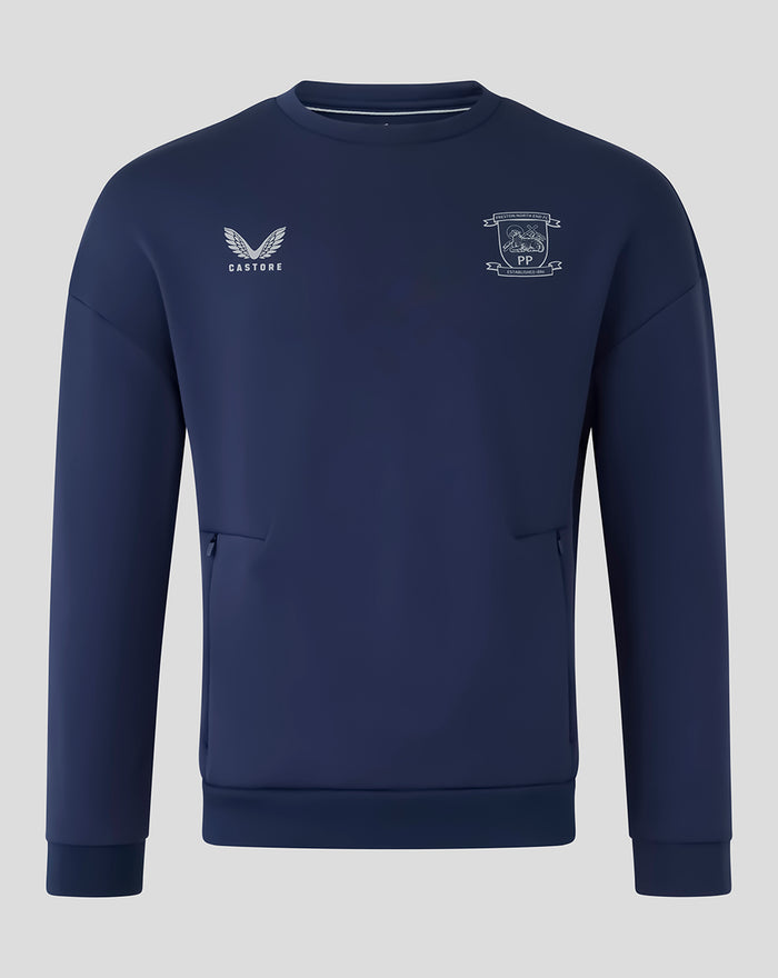 Navy unisex travel crew sweatshirt front view with Preston North End FC crest on left chest and Castore logo on right.