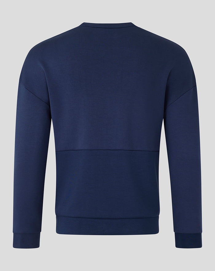 Back view of navy unisex travel crew sweatshirt showing a plain seamless back.
