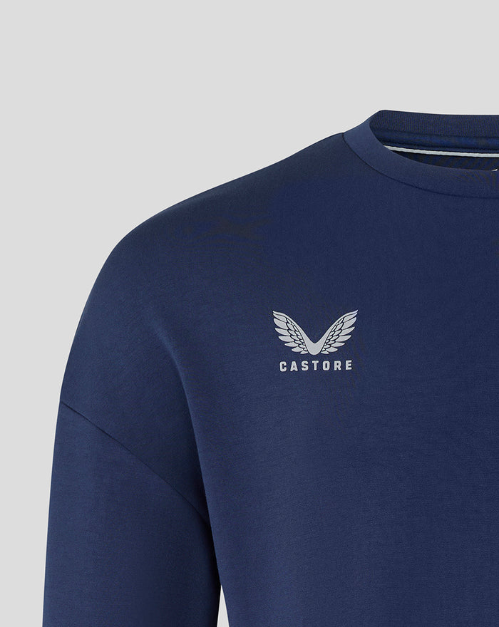 Navy blue unisex travel crew sweatshirt with white Castore logo on the left chest