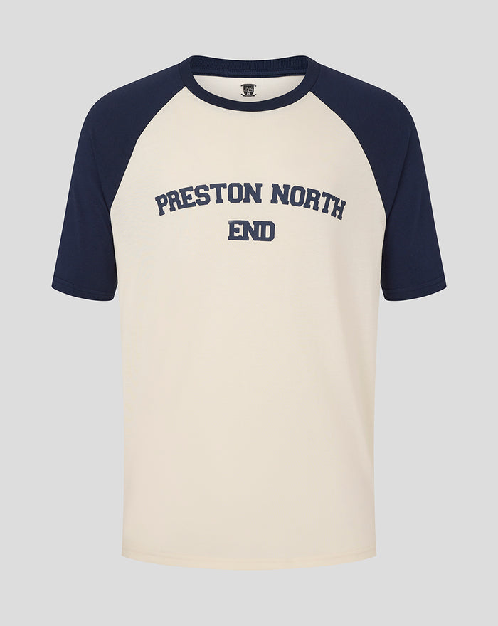 Cream body navy raglan tee with bold Preston North End lettering across chest