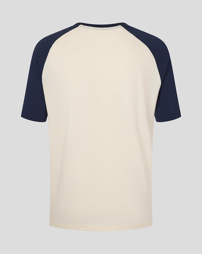 Back view of a cream raglan tee with navy sleeves from the UNISEX 25/26 Contemporary Raglan Tee collection.