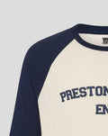 Close up of navy sleeve and cream body showing neckline and shoulder of raglan tee