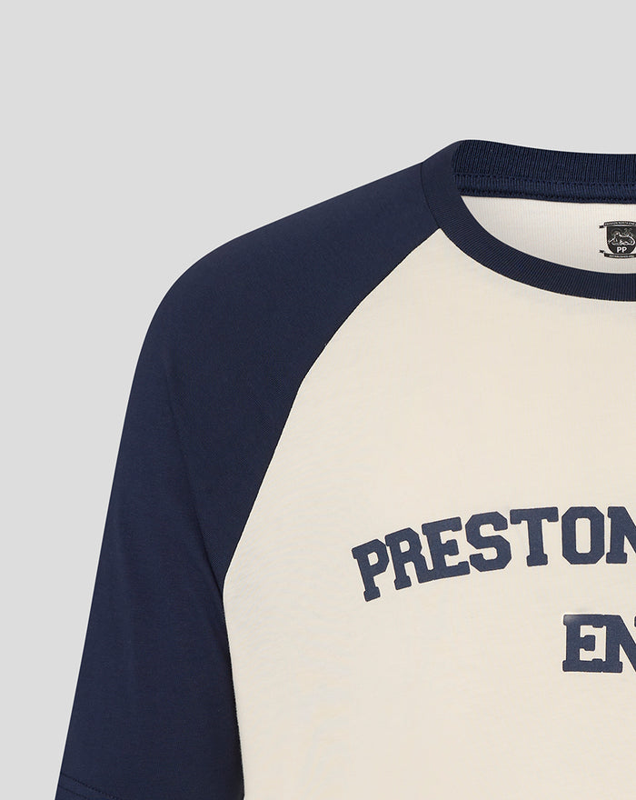 Close up of navy sleeve and cream body showing neckline and shoulder of raglan tee