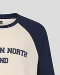 Close up of navy sleeve and cream body with partial Preston North End print on chest