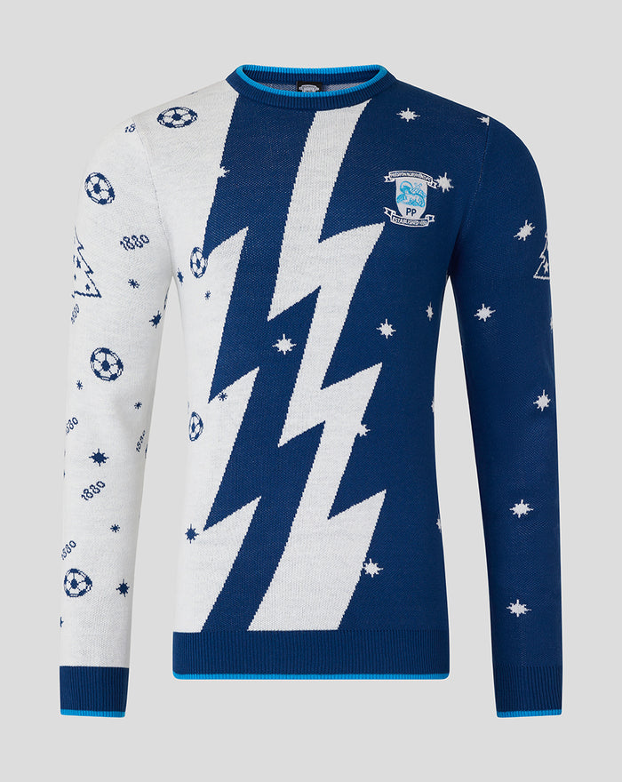 Adult Christmas jumper in blue and white with a bold lightning bolt pattern and crest