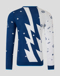 Back view of navy and white Christmas jumper with a large white bolt across the back and blue trim at the hem.