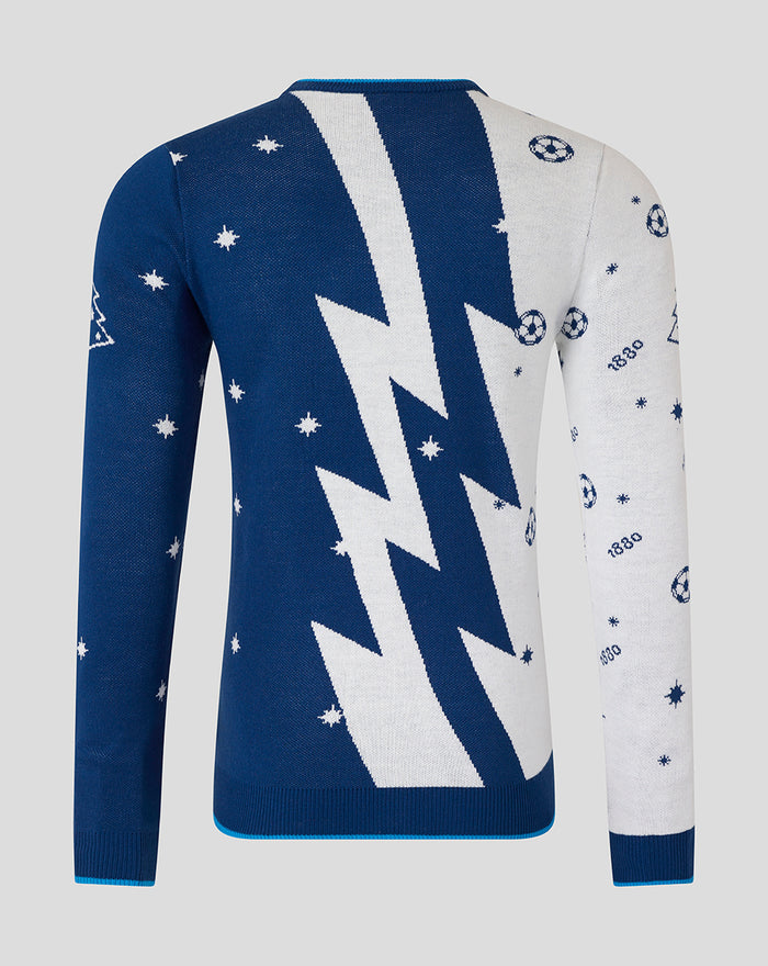Back view of navy and white Christmas jumper with a large white bolt across the back and blue trim at the hem.