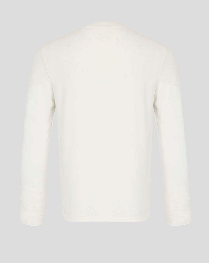 Back view of a plain white unisex long sleeve shirt