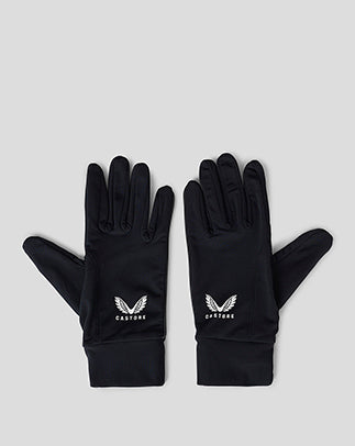Pair of black unisex gloves with a white wing logo on the back, laid flat on a gray background.