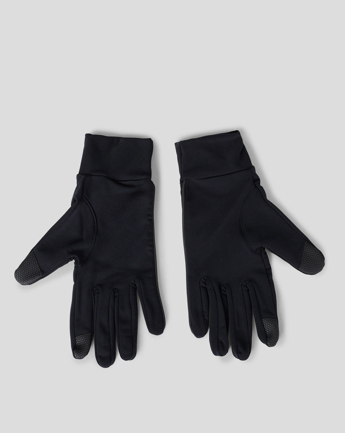 Close-up of black gloves featuring a white wing logo on the cuff area.