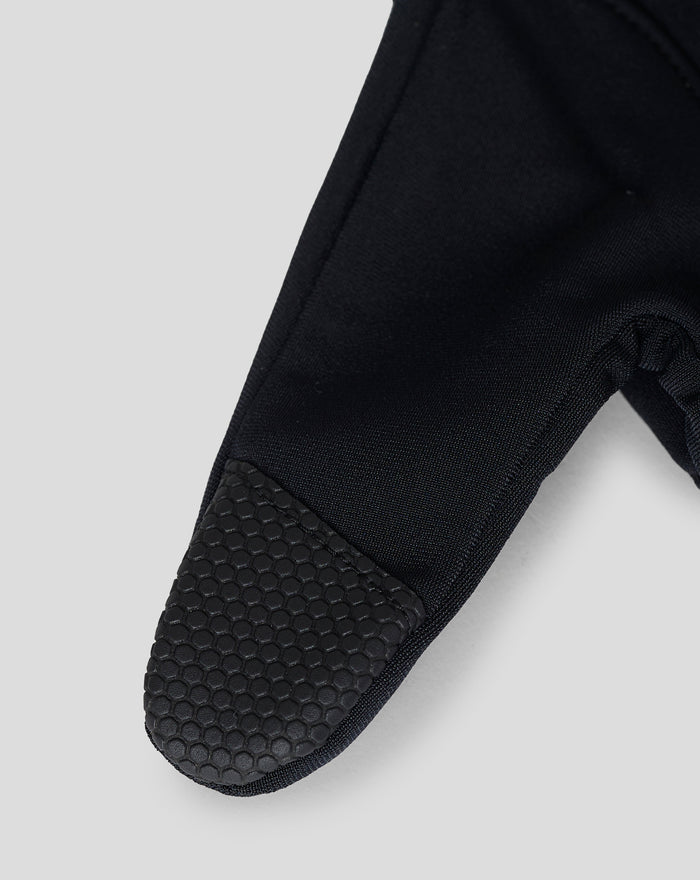 Close-up of a black glove with hexagonal grip texture on the palm