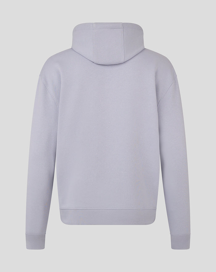Back view of light blue hoodie with hood down and plain smooth back.