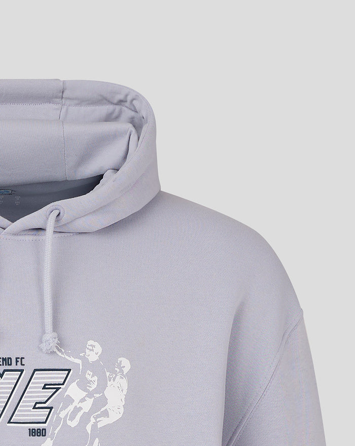 Front view of light blue hoodie showing hood and graphic print on the chest.