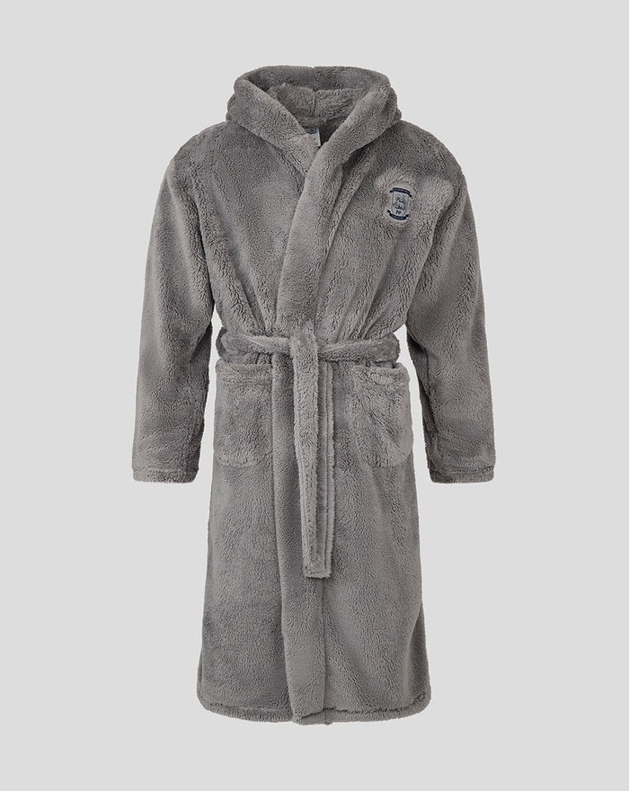 Grey plush dressing gown with tie belt and crest patch on chest
