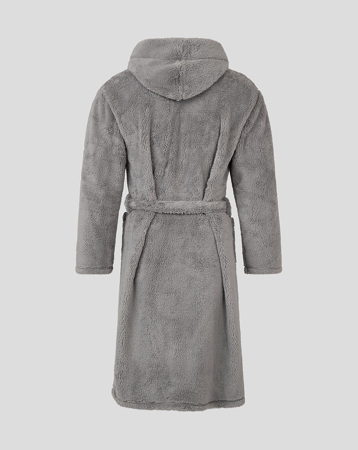 Back view of a grey fluffy junior dressing gown with a hood and belt.