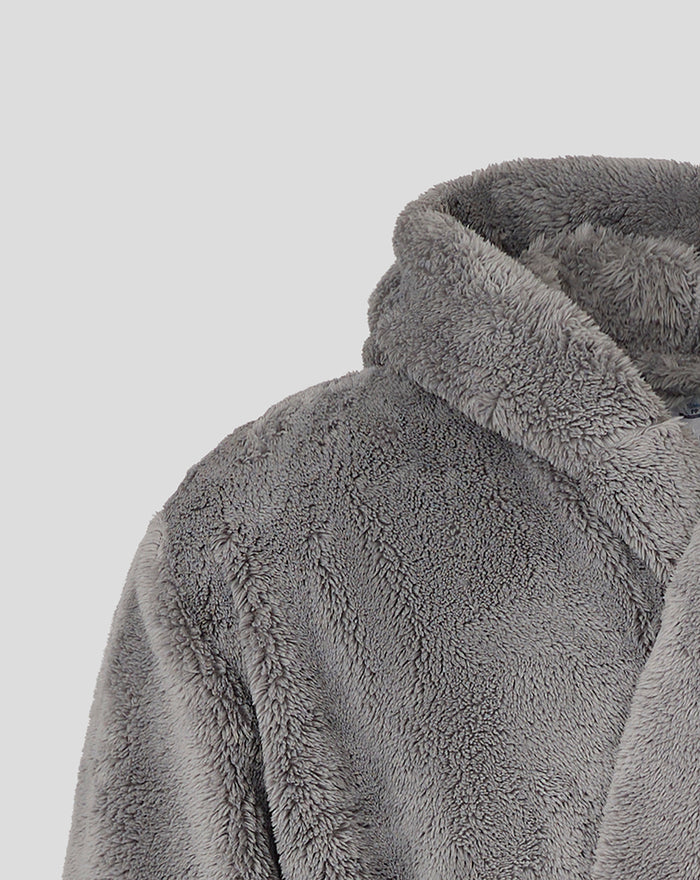 Close-up of the soft grey plush fabric and hood on the junior dressing gown.