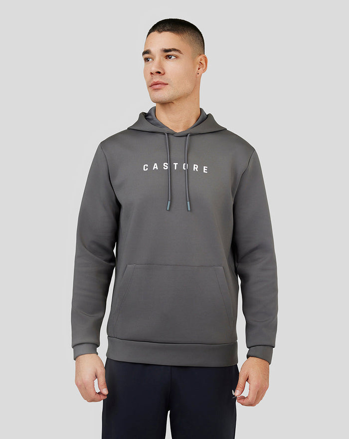 Front view of a grey Magnet Ore Capsule Scuba Hoodie 3.0 with hood and CASTORE logo on the chest.
