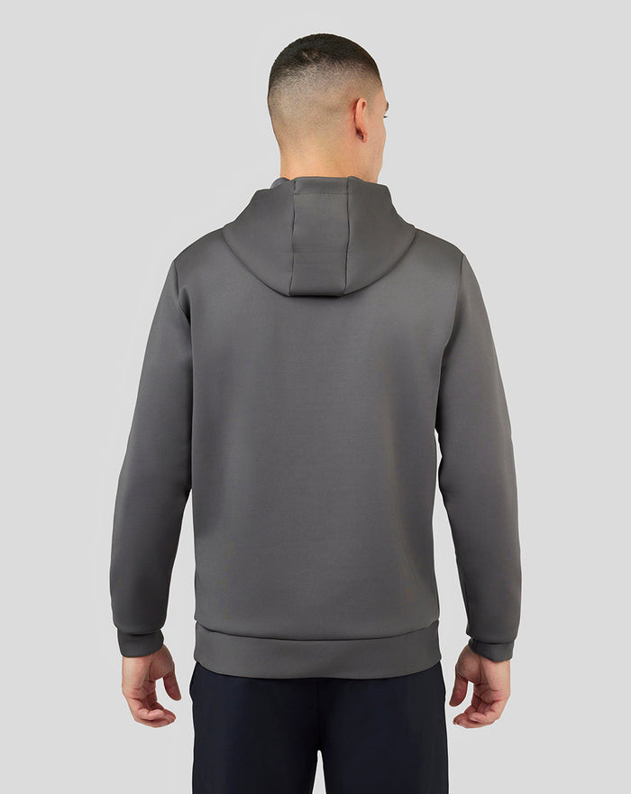 Back view of a grey Magnet Ore Capsule Scuba Hoodie 3.0 on a model.