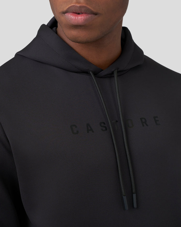 Close-up of a black Scuba Hoodie 3.0 showing hood drawstrings and subtle branding.