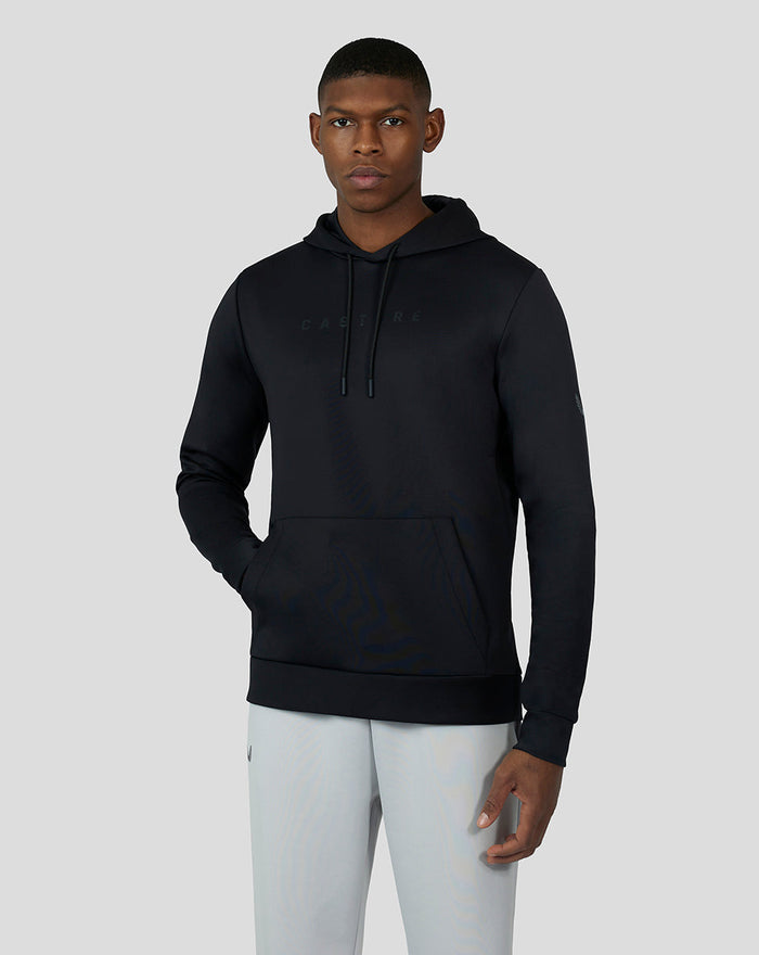 Model wearing Onyx/Black Scuba Hoodie 3.0 with drawstrings and front pocket.